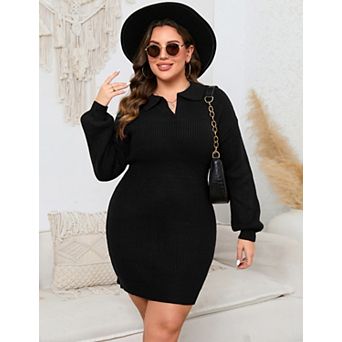 Women Plus Size Polo Collar Sweater Dress Long Sleeve Knitted Bodycon Mini Dress