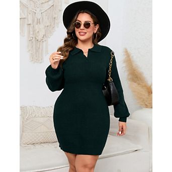 Women Plus Size Polo Collar Sweater Dress Long Sleeve Knitted Bodycon Mini Dress