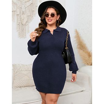 Women Plus Size Polo Collar Sweater Dress Long Sleeve Knitted Bodycon Mini Dress