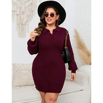 Women Plus Size Polo Collar Sweater Dress Long Sleeve Knitted Bodycon Mini Dress