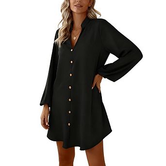 Women's Puff Sleeve Button Down Shirt Dress Casual Loose Fit Midi Dress