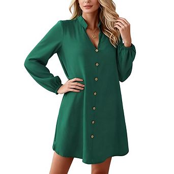 Women's Puff Sleeve Button Down Shirt Dress Casual Loose Fit Midi Dress