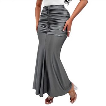 Women's High-Waist Elastic Waist with Pleated Detail Stretch Maxi Skirt