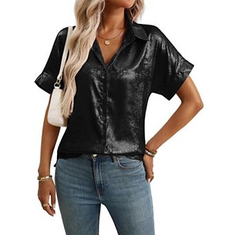 Women's Metallic Short Sleeve Shirt Retro Collared Party Blouse