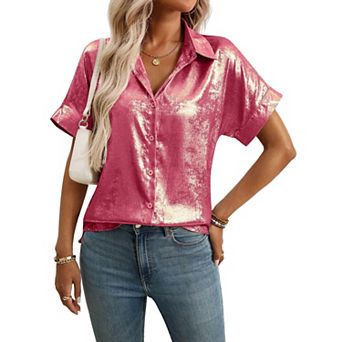 Women's Metallic Short Sleeve Shirt Retro Collared Party Blouse
