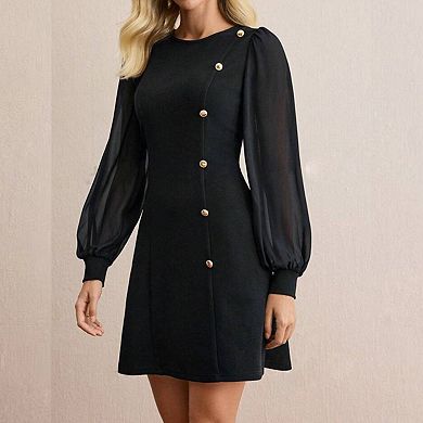 Women's Round Neck Mesh Panel Slim Fit Long Sleeve Fake Button Casual Bodycon Midi Dress