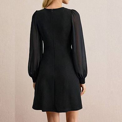 Women's Round Neck Mesh Panel Slim Fit Long Sleeve Fake Button Casual Bodycon Midi Dress
