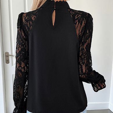 Women's Versatile Mock Neck Solid Color Lace Long Sleeve Blouse, Elegant Casual Dress Shirt