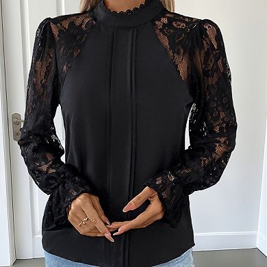 Women's Versatile Mock Neck Solid Color Lace Long Sleeve Blouse, Elegant Casual Dress Shirt