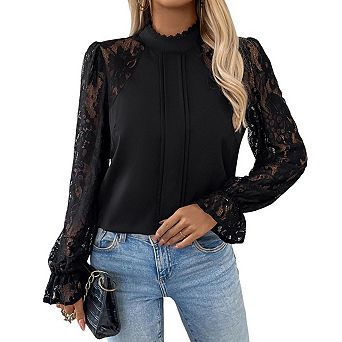 Women's Versatile Mock Neck Solid Color Lace Long Sleeve Blouse, Elegant Casual Dress Shirt