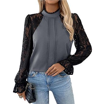 Women's Versatile Mock Neck Solid Color Lace Long Sleeve Blouse, Elegant Casual Dress Shirt