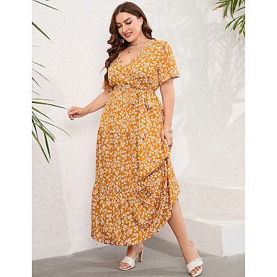 Women Plus Size V Neck Wrap Maxi Dress Short Sleeves High Waist Ruffle Casual Dress with Belt