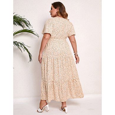 Women Plus Size V Neck Wrap Maxi Dress Short Sleeves High Waist Ruffle Casual Dress with Belt