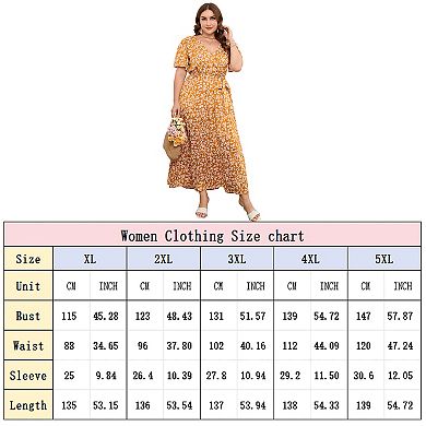 Women Plus Size V Neck Wrap Maxi Dress Short Sleeves High Waist Ruffle Casual Dress with Belt