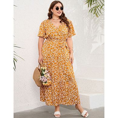Women Plus Size V Neck Wrap Maxi Dress Short Sleeves High Waist Ruffle Casual Dress with Belt