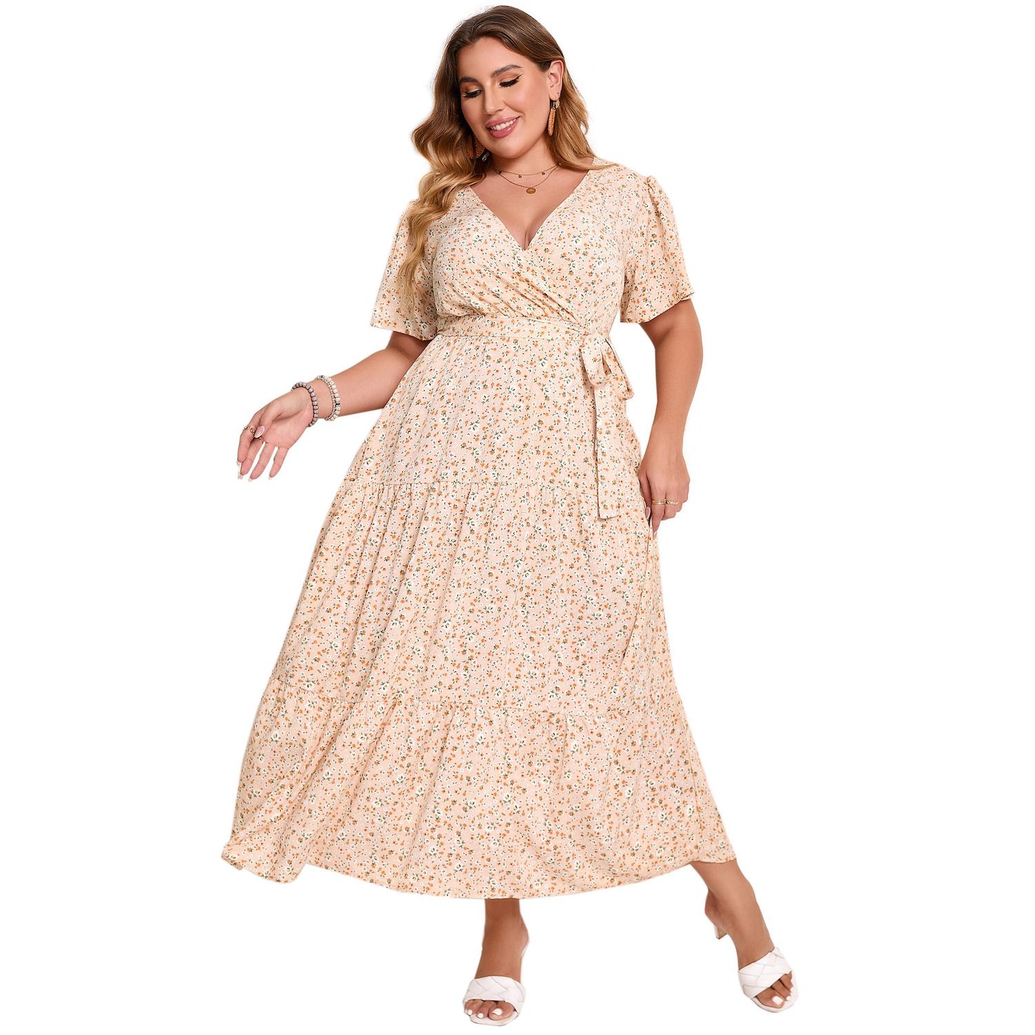 Женские платья Women Plus Size V Neck Wrap Maxi Dress Short Sleeves High Waist Ruffle Casual Dress with Belt