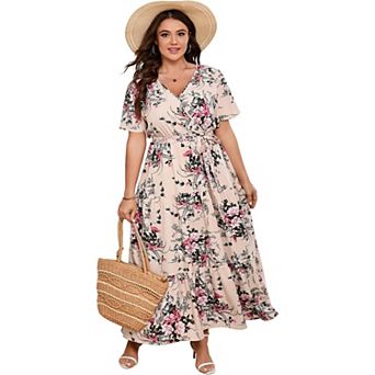 Women Plus Size V Neck Wrap Maxi Dress Short Sleeves High Waist Ruffle Casual Dress with Belt