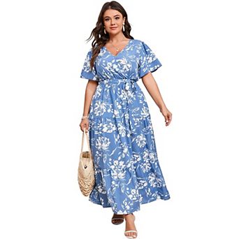 Women Plus Size V Neck Wrap Maxi Dress Short Sleeves High Waist Ruffle Casual Dress with Belt