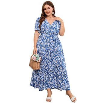 Women Plus Size V Neck Wrap Maxi Dress Short Sleeves High Waist Ruffle Casual Dress with Belt