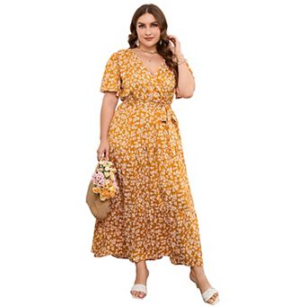 Women Plus Size V Neck Wrap Maxi Dress Short Sleeves High Waist Ruffle Casual Dress with Belt