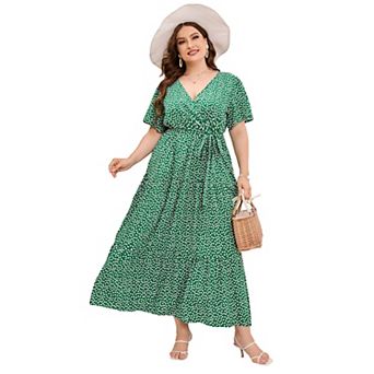 Women Plus Size V Neck Wrap Maxi Dress Short Sleeves High Waist Ruffle Casual Dress with Belt