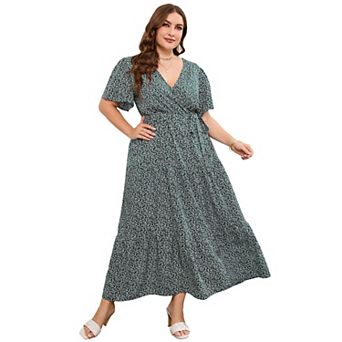 Women Plus Size V Neck Wrap Maxi Dress Short Sleeves High Waist Ruffle Casual Dress with Belt