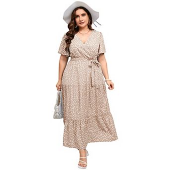 Women Plus Size V Neck Wrap Maxi Dress Short Sleeves High Waist Ruffle Casual Dress with Belt
