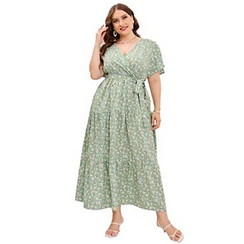 Women Plus Size V Neck Wrap Maxi Dress Short Sleeves High Waist Ruffle Casual Dress with Belt