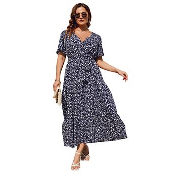 Women Plus Size V Neck Wrap Maxi Dress Short Sleeves High Waist Ruffle Casual Dress with Belt
