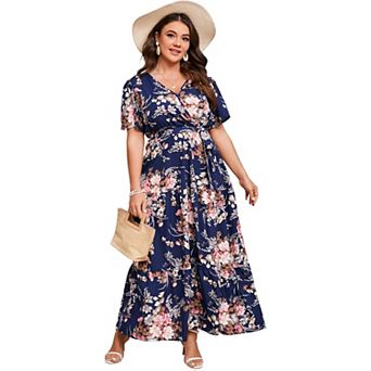 Women Plus Size V Neck Wrap Maxi Dress Short Sleeves High Waist Ruffle Casual Dress with Belt