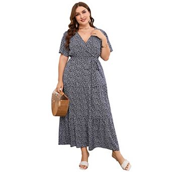 Women Plus Size V Neck Wrap Maxi Dress Short Sleeves High Waist Ruffle Casual Dress with Belt