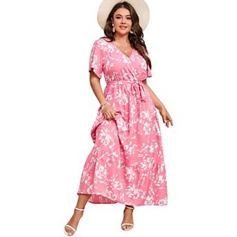 Women Plus Size V Neck Wrap Maxi Dress Short Sleeves High Waist Ruffle Casual Dress with Belt