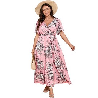 Women Plus Size V Neck Wrap Maxi Dress Short Sleeves High Waist Ruffle Casual Dress with Belt