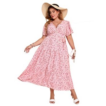 Women Plus Size V Neck Wrap Maxi Dress Short Sleeves High Waist Ruffle Casual Dress with Belt