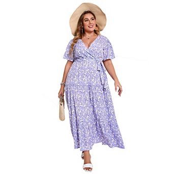 Women Plus Size V Neck Wrap Maxi Dress Short Sleeves High Waist Ruffle Casual Dress with Belt
