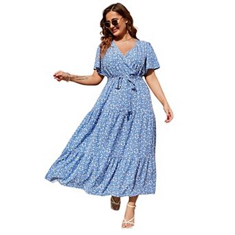 Women Plus Size V Neck Wrap Maxi Dress Short Sleeves High Waist Ruffle Casual Dress with Belt