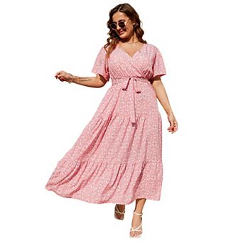 Women Plus Size V Neck Wrap Maxi Dress Short Sleeves High Waist Ruffle Casual Dress with Belt