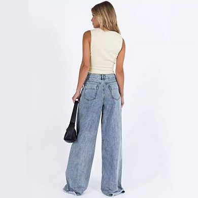 Baggy Wide Leg Jeans for Women High Waisted Trendy Flare Jeans Boyfriend Denim Pants with Pockets