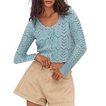 Crochet Tops for Women Knitted Hollow Out Button Down Shirts Crewneck Causal Elegant Pullover Tops