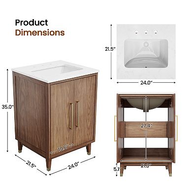 24'' W Freestanding Bathroom Vanity With Cultured Marble Sink,Hidden Storage Drawer ,Fully Assembled
