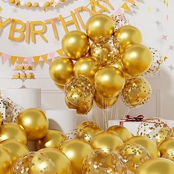 Metallic Gold Balloon Pack with Confetti & Ribbons 42 pc for Birthday, Wedding, & Party Decorations.
