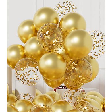 Metallic Gold Balloon Pack with Confetti & Ribbons 42pcs for Birthday, Wedding, & Party Decorations.