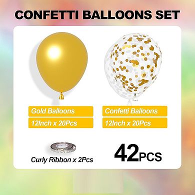 Metallic Gold Balloon Pack with Confetti & Ribbons 42pcs for Birthday, Wedding, & Party Decorations.
