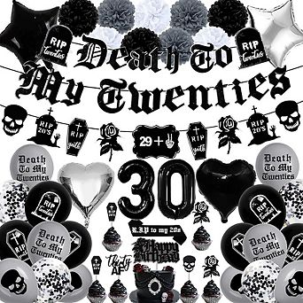 30th Birthday Party Kit "Death to My 20s" Theme with Banner, Sash, Cake Toppers & More
