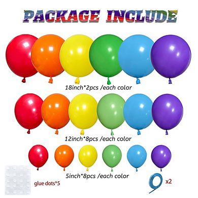 Rainbow Balloon Arch Kit, 18” 12” 5” Colorful Latex Balloons 111 pcs for Wedding & Party
