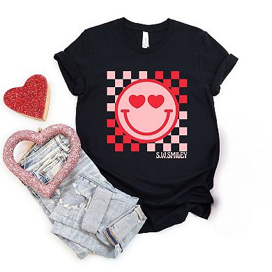 S.W.Smiley Checkered Heart Eyes Smiley - Women's Short Sleeve Graphic T-Shirt