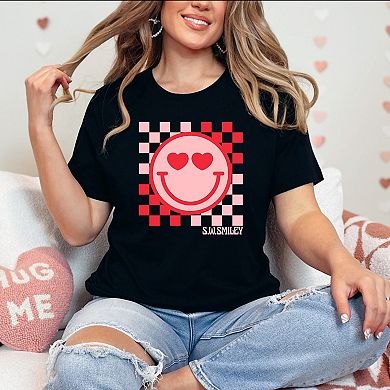 S.W.Smiley Checkered Heart Eyes Smiley - Women's Short Sleeve Graphic T-Shirt