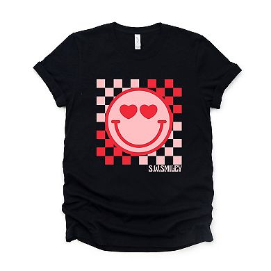 S.W.Smiley Checkered Heart Eyes Smiley - Women's Short Sleeve Graphic T-Shirt