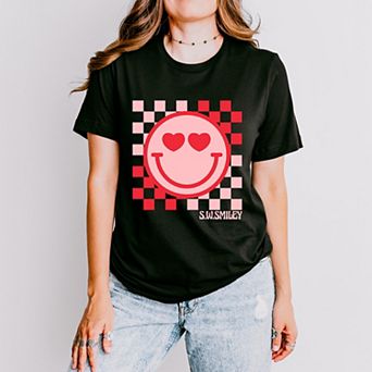 S.W.Smiley Checkered Heart Eyes Smiley - Women's Short Sleeve Graphic T-Shirt