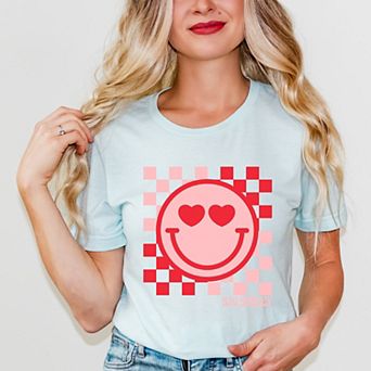 S.W.Smiley Checkered Heart Eyes Smiley - Women's Short Sleeve Graphic T-Shirt